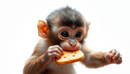 Cute baby monkey eating biscuit isolated with white highlights, png