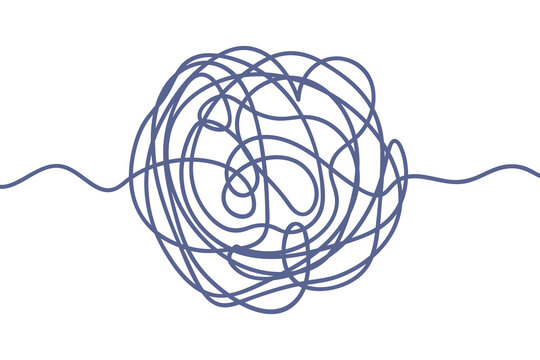 Chaos. Tangled ball of blue scribbles. Sketch. Ball of twisted loops with wavy ends on the sides. Half of a heart. Vector illustration. Hand drawn circle with a beginning and an end. 