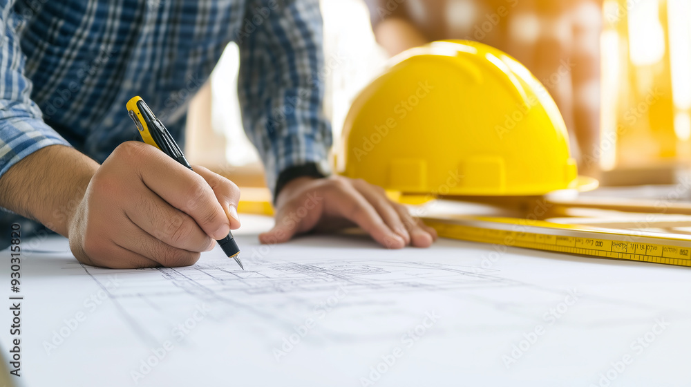 Poster construction and structure concept of engineer working drawing on blueprint meeting for project work