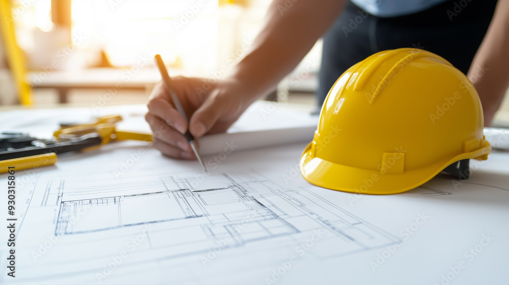 Poster construction and structure of engineer or architect meeting for project working with partner and too