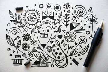 Rough, expressive black marker doodle of ink lines and shapes on a pristine white isolated background, showcasing hand-painted creativity and artistic texture.
