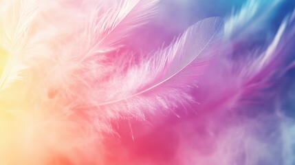 Fototapeta premium Abstract feather rainbow patchwork background. Closeup image of white fluffy feather under colorful pastel neon foggy mist. Fashion Color Trends Spring Summer 2019 - soft focus , ai