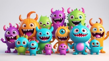 Naklejka premium Adorable 3D Halloween monster set with colorful, kawaii baby characters, complete with funny eyes, teeth, and hands up on white background