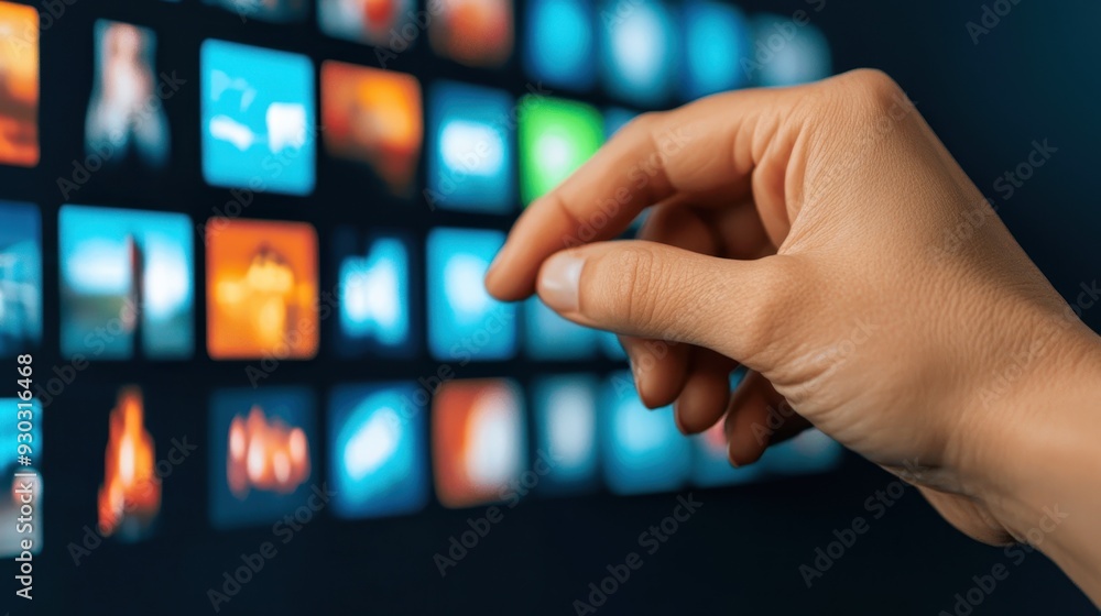 Poster a hand interacting with a digital display of various images, showcasing technology and user engageme