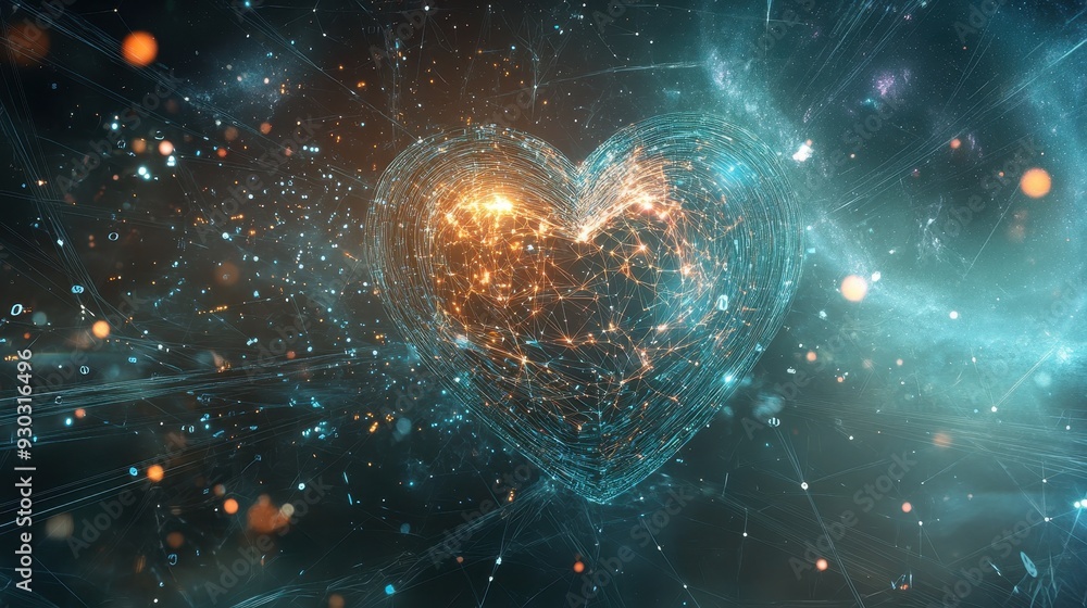 Poster a digital heart composed of interconnected lines and particles, symbolizing love and connectivity.