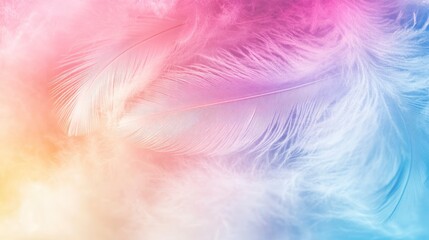 Obraz premium Abstract feather rainbow patchwork background. Closeup image of white fluffy feather under colorful pastel neon foggy mist. Fashion Color Trends Spring Summer 2019 - soft focus , ai