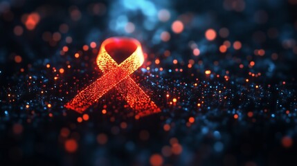 A glowing red ribbon with a medical cross symbolizing health awareness