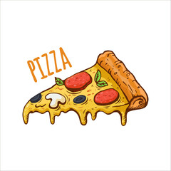 illustration of a pizza isolated on white background. pizza slice with salami,mushrooms, basil leaf and melted cheese for pizzeria package and menu designs. Flat Vector illustration.