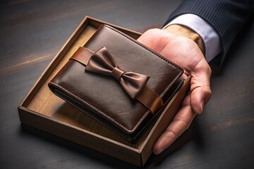 Dark brown leather wallet is carefully removed from luxurious black gift box, epitomizing sophistication, refinement, and meticulous attention to detail in a prestigious accessory.
