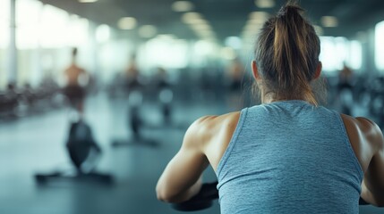 A woman intensely focused on her fitness routine, seated on gym equipment in a modern, spacious gym, emphasizing dedication and physical strength.