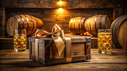 Elegant gift certificate resting on a rustic wooden whiskey box, surrounded by whiskey barrels and subtle golden lighting, evoking sophistication and luxury.