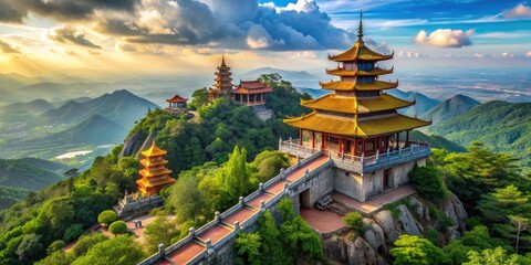 Obraz premium Majestic Ba Den mountain tourist area in Tay Ninh, Vietnam, features stunning Buddhist architecture at highest elevation, with breathtaking views from below.