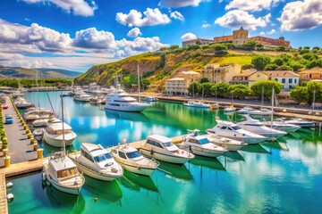 Fototapeta premium Luxury yachts and motorboats docked in picturesque Marina di Ragusa port, Sicily, on a sunny Mediterranean day, surrounded by lush green hills and clear blue waters.