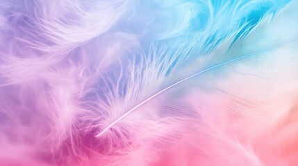 Obraz premium Abstract feather rainbow patchwork background. Closeup image of white fluffy feather under colorful pastel neon foggy mist. Fashion Color Trends Spring Summer 2019 - soft focus , ai