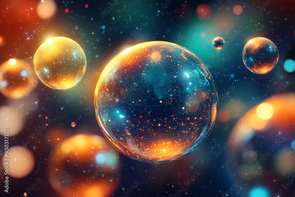 Poster 3d rendered scene of glowing orbs and molecules symbolizing concepts in quantum physics and cosmolog
