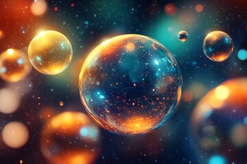 3D rendered scene of glowing orbs and molecules symbolizing concepts in quantum physics and cosmology