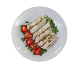 Aburi, organic fish and strawberries are on a white plate.