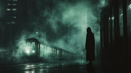 A hooded figure stands in a foggy city street. The photo evokes mystery and suspense, perfect for crime or thriller themes.