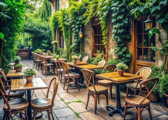 Fototapeta premium Vintage-inspired outdoor cafe terrace with distressed wooden chairs and tables, surrounded by lush greenery, offering a cozy and intimate atmosphere with ample copy space.
