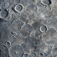 Moon surface with shadows and many meteorite impact craters. Close up top view lunar grainy texture pattern