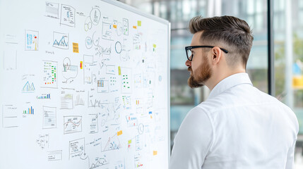 Fototapeta premium Experienced businessman in a large corporate office, standing by a white board with an elaborate business plan and strategic mind map, planning for future growth