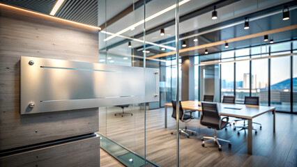 Modern Office Interior with Glass Walls and Sleek Nameplate