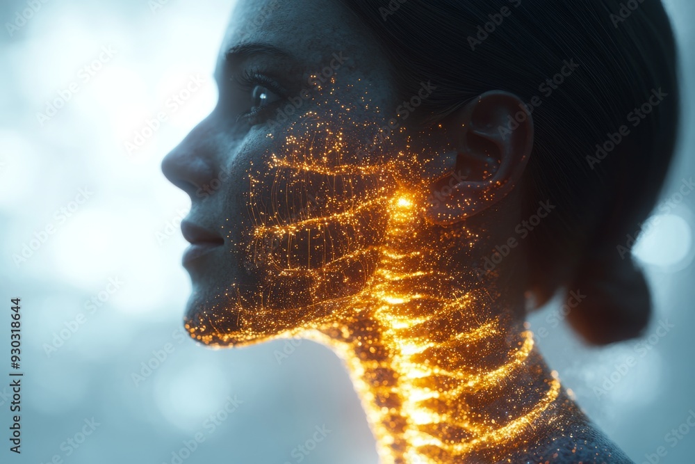 Poster golden profile of a woman enhanced with digital data visualization merging technology with human fea