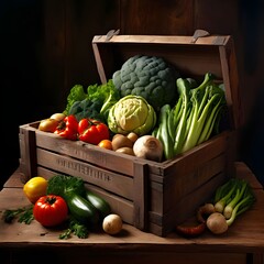 Old Wooden Crate of Fresh Vegetables