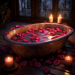 Candlelit Bathtub with Rose Petals