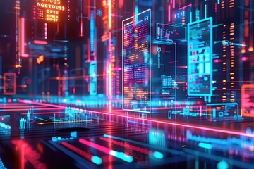 Obraz premium a virtual playground in this vibrant, futuristic city, perfect for gamers and tech enthusiasts seeking a visually stunning experience.