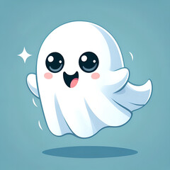 Obraz premium Cheerful and Cute Ghost on Light Blue Background in Flat Color Design, Perfect for Halloween-Themed Illustrations, Kids' Decor, and Playful, Minimalist Art