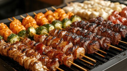 Grilled skewers with various meat and vegetables. Perfect for illustrating a food blog post or advertisement for a restaurant.