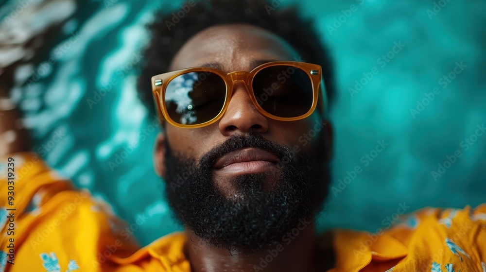 Wall mural a man with a beard and sunglasses relaxes in a pool on a sunny day, embodying relaxation and leisure