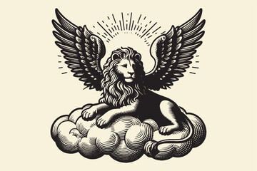 A winged flying lion rests on a cloud. vintage black and white engraving vector isolated illustration, cut out, woodcut. Print, tattoo © Victoria