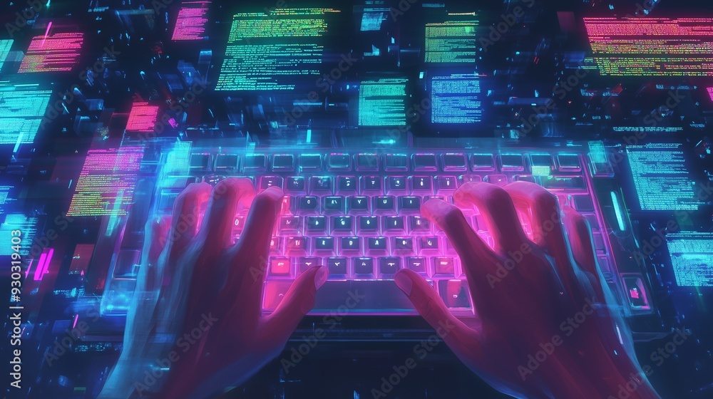 Poster a pair of hands types on a backlit keyboard, surrounded by vibrant neon code in floating text boxes.