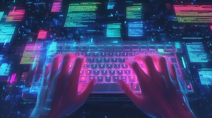 A pair of hands types on a backlit keyboard, surrounded by vibrant neon code in floating text boxes.