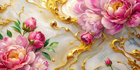 Vibrant peony-inspired abstract design featuring golden swirls and luminous ink colors on a luxurious marble background, perfect for wallpaper, patterns, and artistic textures.