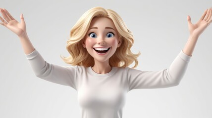 Fototapeta premium Excited 3D blonde woman with wide smile and raised hands on white background 