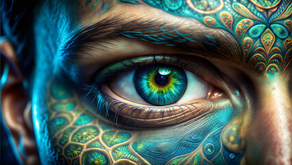 Close-up of vibrant green eye with intricate fantasy-themed facial tattoos in blue and gold tones