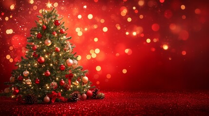 A beautifully decorated Christmas tree gleams with ornaments and lights against a vibrant red backdrop.