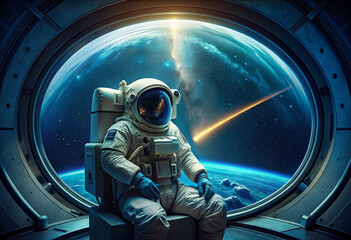 Astronaut in the landing dome, dark sky with stars is visible.