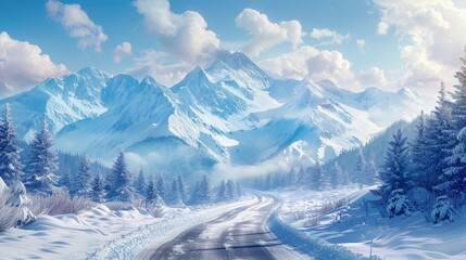 Obraz premium Snowy mountain landscape with winding road under a bright sky during winter season