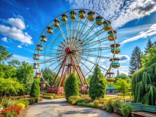 Weathered Ferris wheel stands tall against a bright blue sky, surrounded by vintage amusement park attractions and lush greenery, evoking a sense of nostalgic charm.