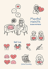 Mental health awareness and self-love. Therapy sessions. Online counseling with therapist The cute illustration icons and characters 