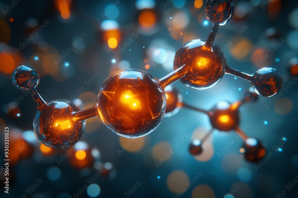 Poster luminous molecular structure bridging two bubbles symbolizing the connection between scientific theo
