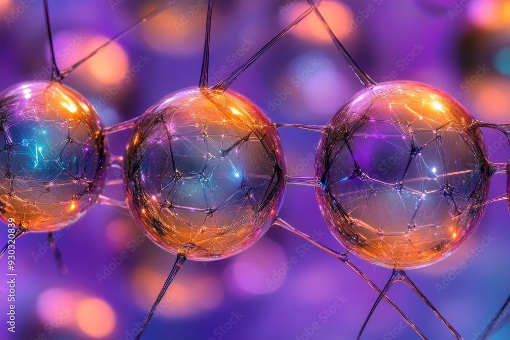 Poster Dreamy soap bubbles floating in a colorful bokeh background capturing the delicate balance of light and liquid
