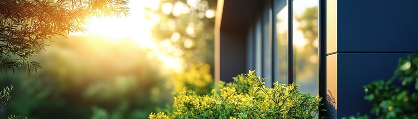 Fototapeta premium Sunlight beams through greenery, highlighting modern architecture, creating a serene and vibrant atmosphere for urban living.