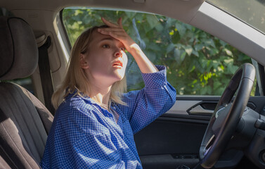 Stressed woman drive car feeling sad and shocked. Caucasian blond girl tired and feeling frustrated.