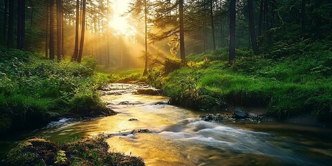Fototapeta premium Forest creek in warm sunlight. Generative AI