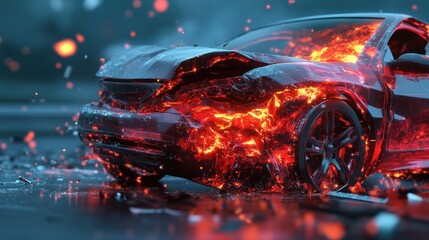 A Car Wreckage with Burning Flames Inside and Out